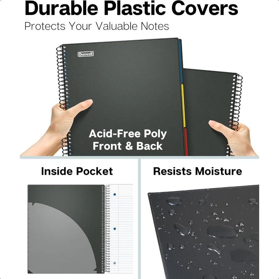 Quaderno a 3 soggetti College a righe 8,5 x 11 Nero 150 fogli (300 pagine) Quaderno a spirale 8,5x11 con linguette Divisori mobili Conservazione