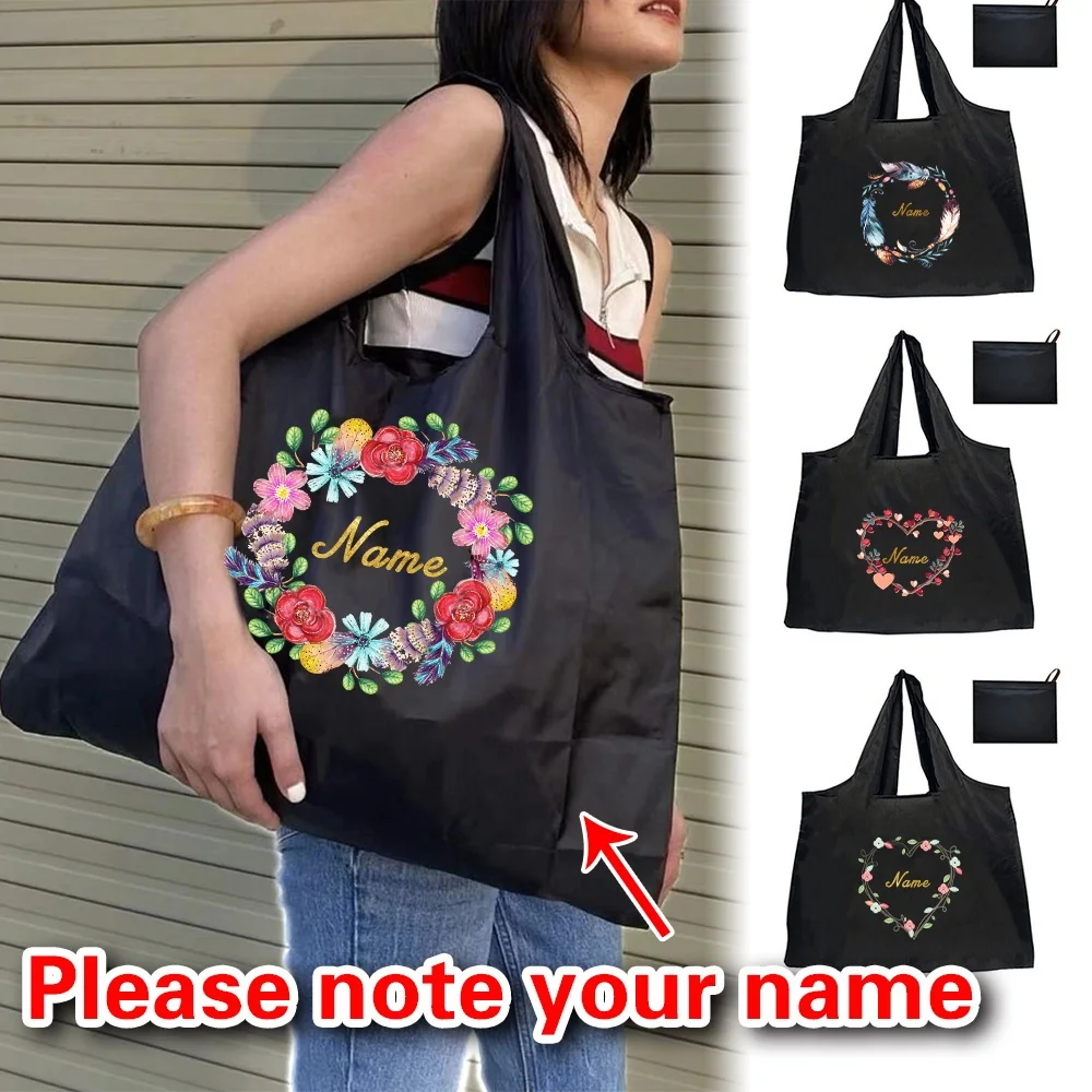 1Pc Personalized Custom Name/Text Flower Pattern Storage Bag Women Large Capacity Shopping Tote Travel Bag, Gift for Her