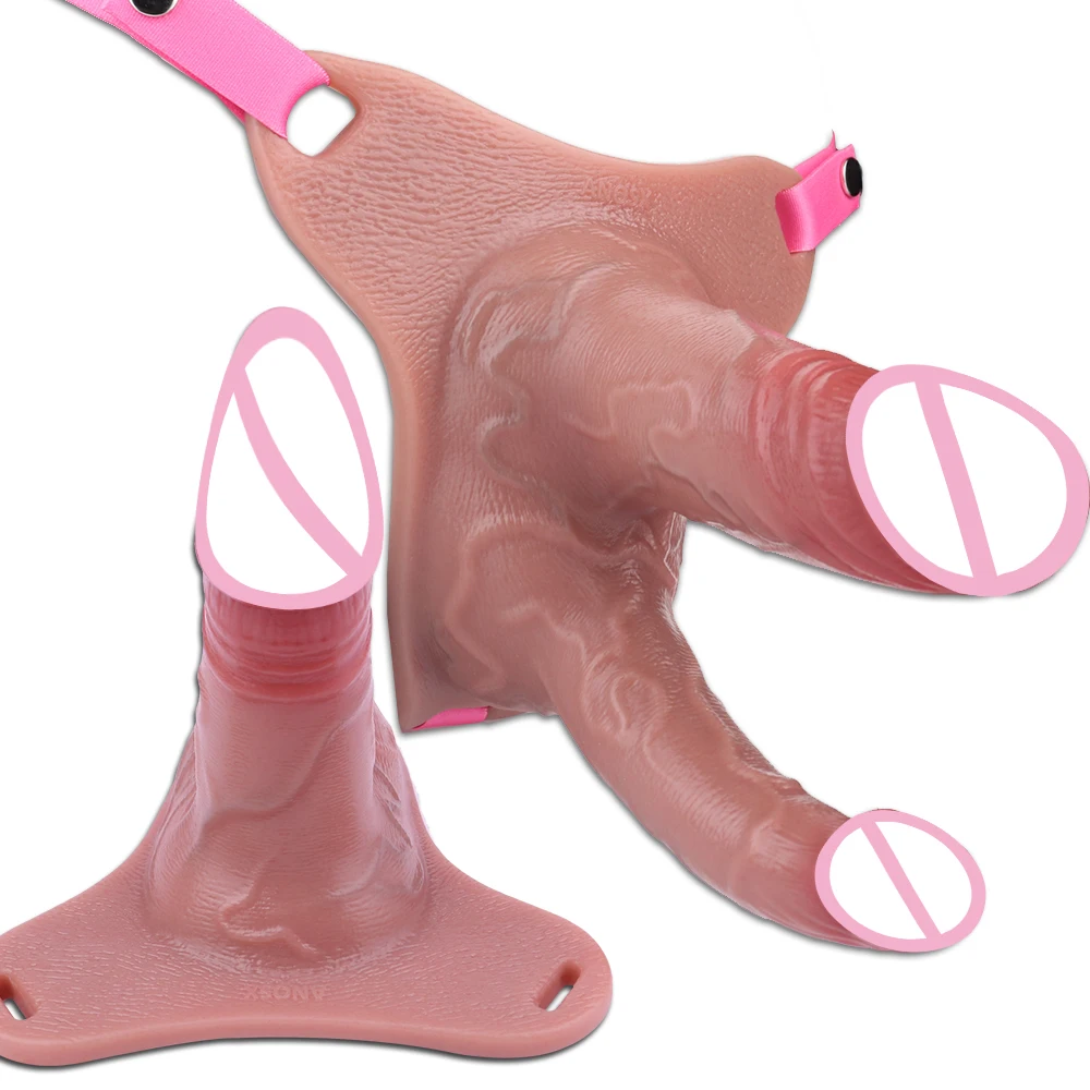 ANOSX Silicone Chastity Cage Double Head Penis Sleeve With Chastity Cage Realistic Hollow Dildo Pants Sex Toy For Adult BDSM