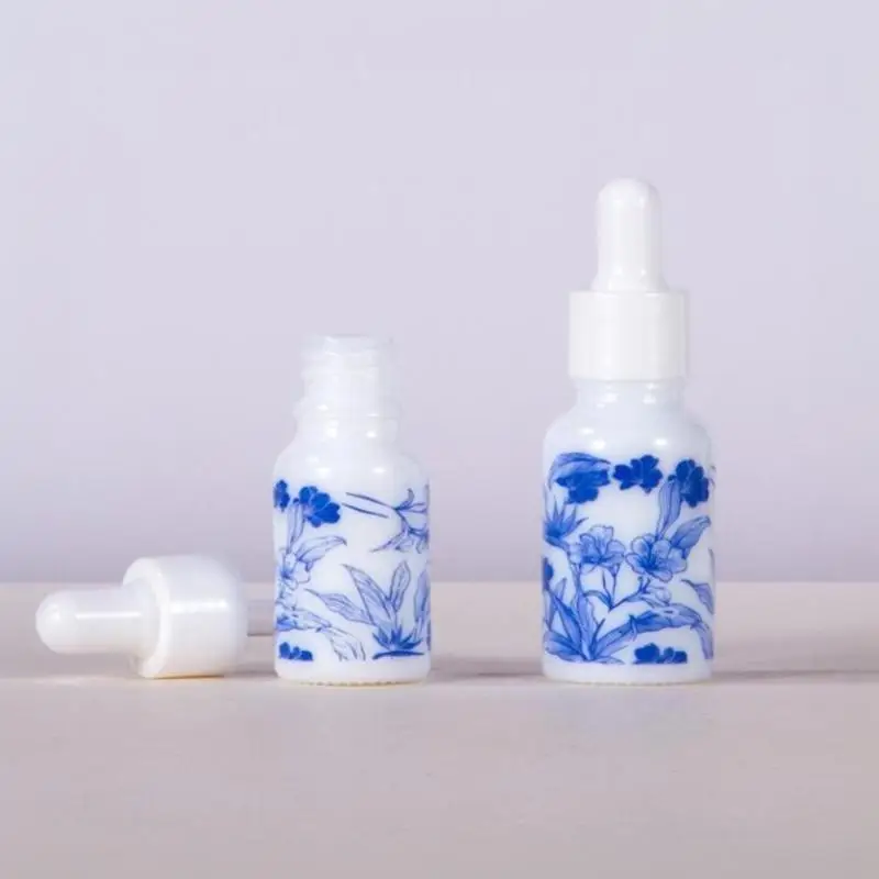 Blue White Floral Print Glass Essential Oil Dropper Bottles With Leak Proof Lids Perfect For Aromatherapy Storing Skincare