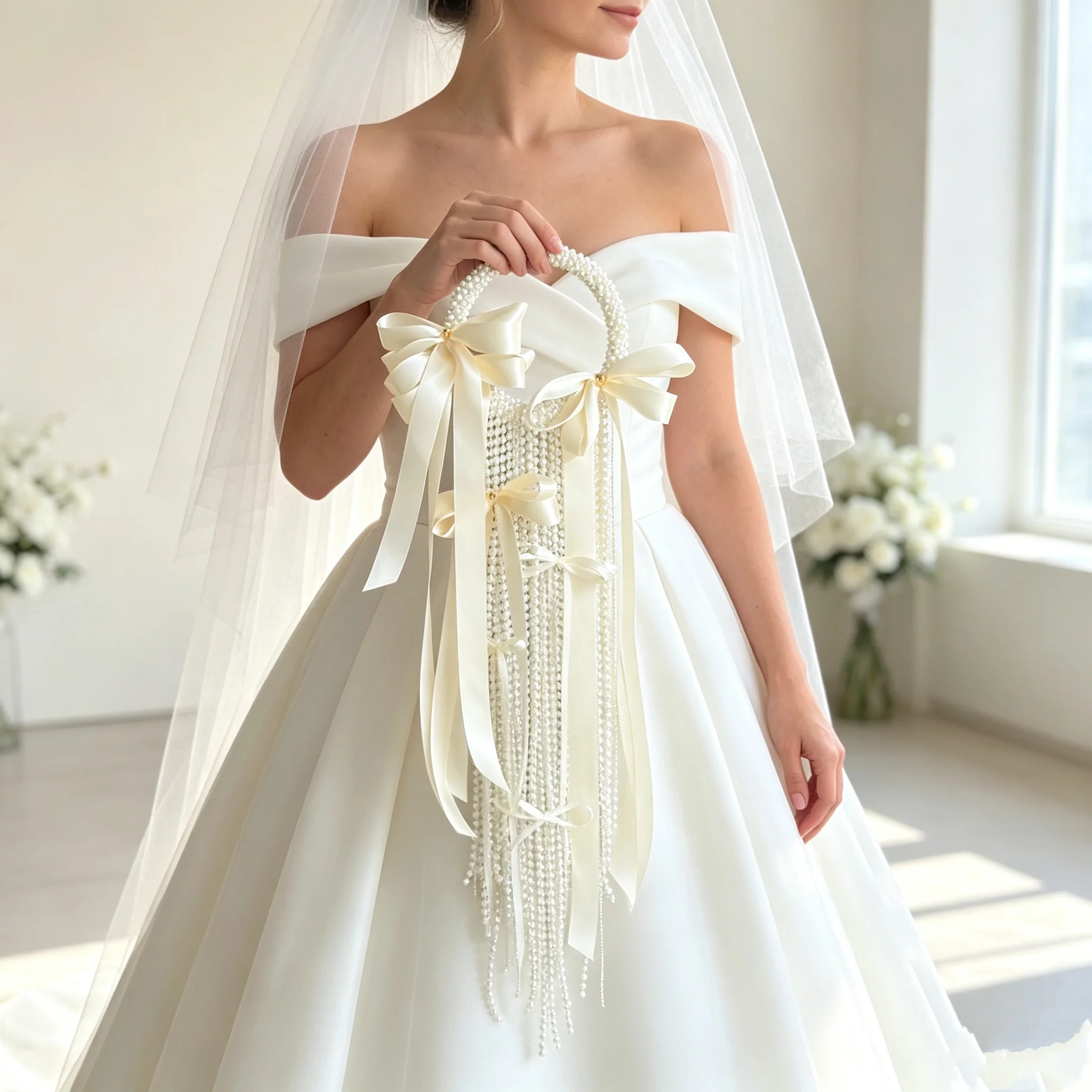 PEORCHID Pearl Ring Cascading Tassel Bridal Bouquet Vintage Handmade Bride Hand Flower Long Hoop Wedding Handheld Boquet
