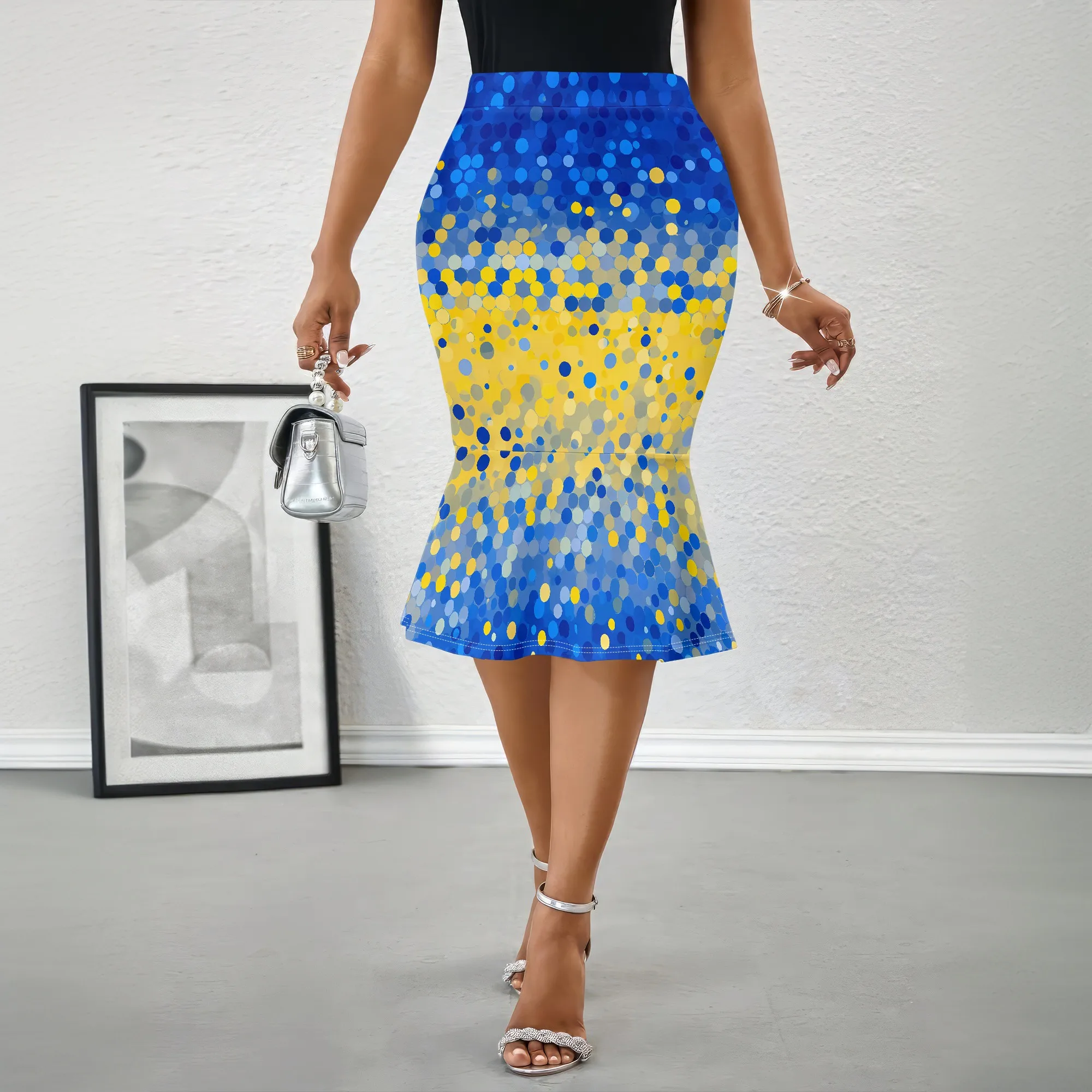 Gradient Dots Mermaid Skirt, Blue Yellow Print Pencil Skirt, High Waist Bodycon Midi Skirt for Party Club Wear, S-2XL
