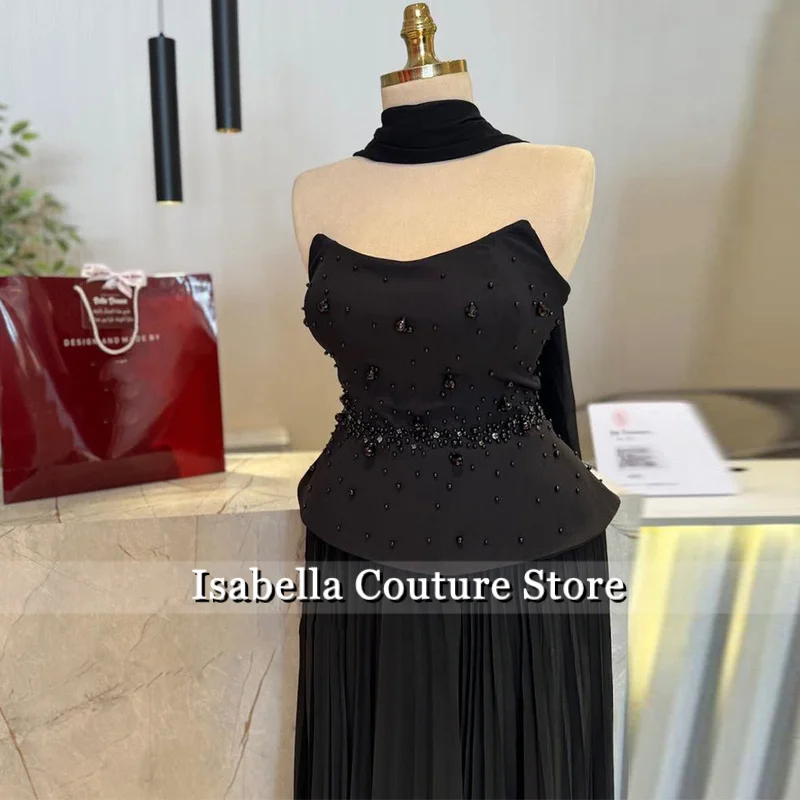 2ピースイブニングドレスアラビアンパーティードレスカスタマイズされたストラップレスノースリーブクリスタルパールプリーツプロムドレスケープ付き