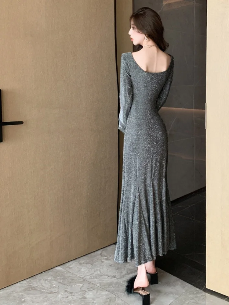 SMTHMA New Autumn Winter Women's Long Sleeved Temperament Sparkling Silver Silk Slim Dress Ladies  Elegant Mermaid Long Dresses