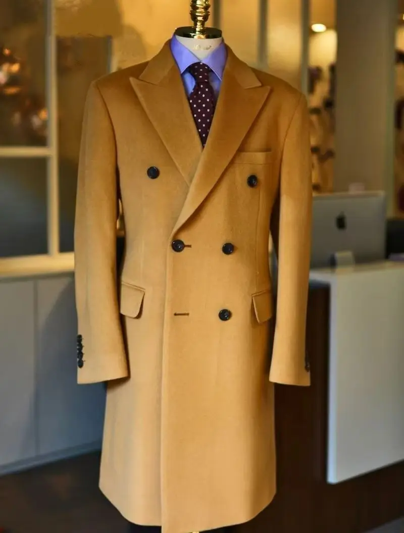 Men Camel Wool Overcoat Double Breasted Peak Lapel Mid Calf Long Jacket Slim Fit Autumn Winter Business Formal Customized
