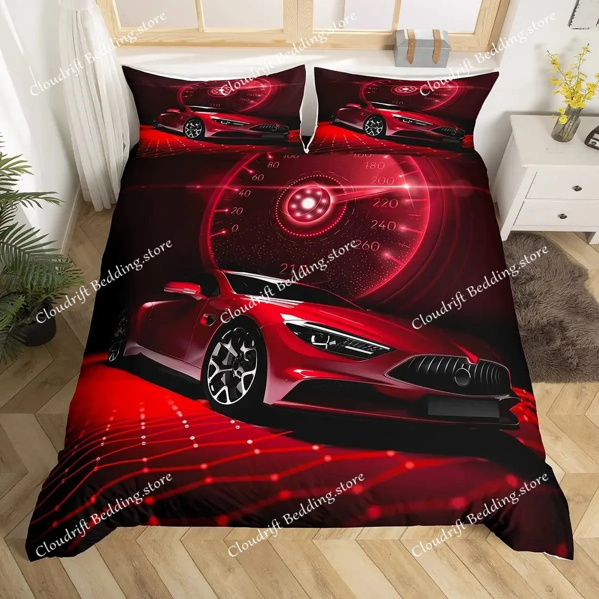 Racing Car Duvet Cover Set Queen Size For Boys, Lightning Wolf Bedding Set For Room Decor, Speed Car Comforter Covers