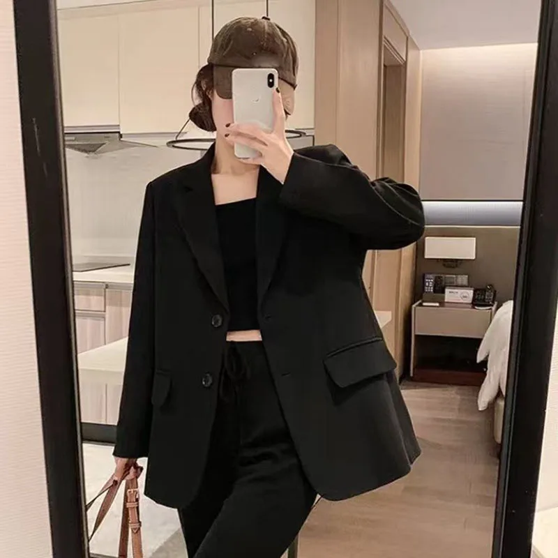 Black Small Suit Jackets for Women 2025 Autumn New High Quality Single-Breasted Blazers Woman Casual All-Match Loose Blazer Coat