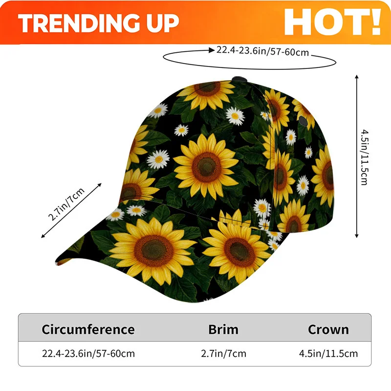 Customization 1pc Sunflowers And Daisies On Black Print Classic Baseball Cap - Lightweight Polyester Duckbill Hat, Adjustable De