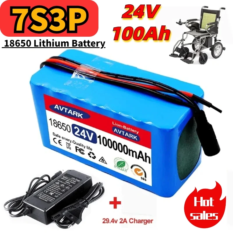 24V 7S3P 18650 Lithium Ion Battery Pack 29.4V 100Ah with 20A Balanced BMS for Electric Bike Scooter Electric Wheelchair ,Charger