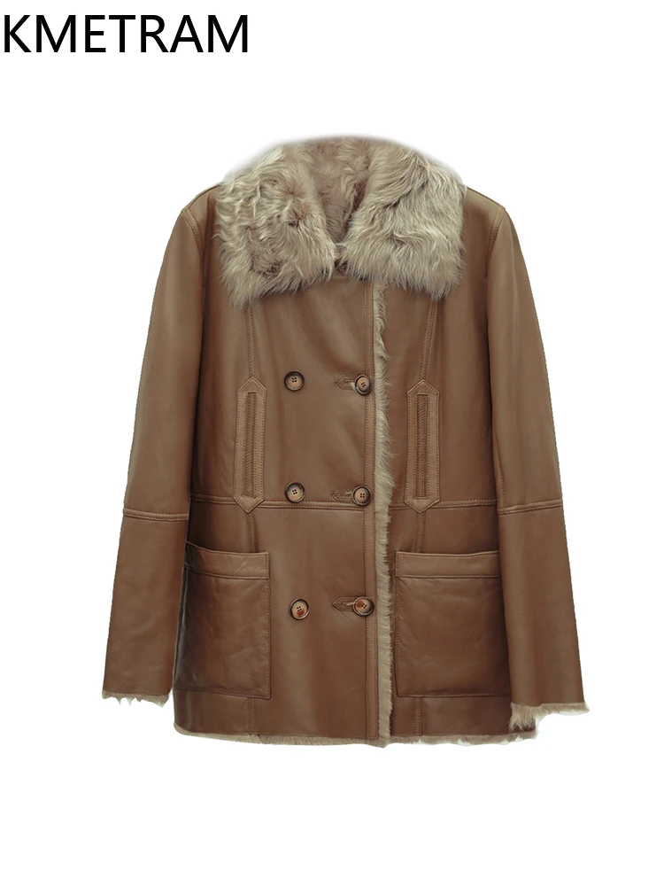 Kurtka damska z prawdziwej skóry owczej, dwustronna, luksusowa, brązowa, z naturalnego futra, płaszcz zimowy, odzież damska 2025