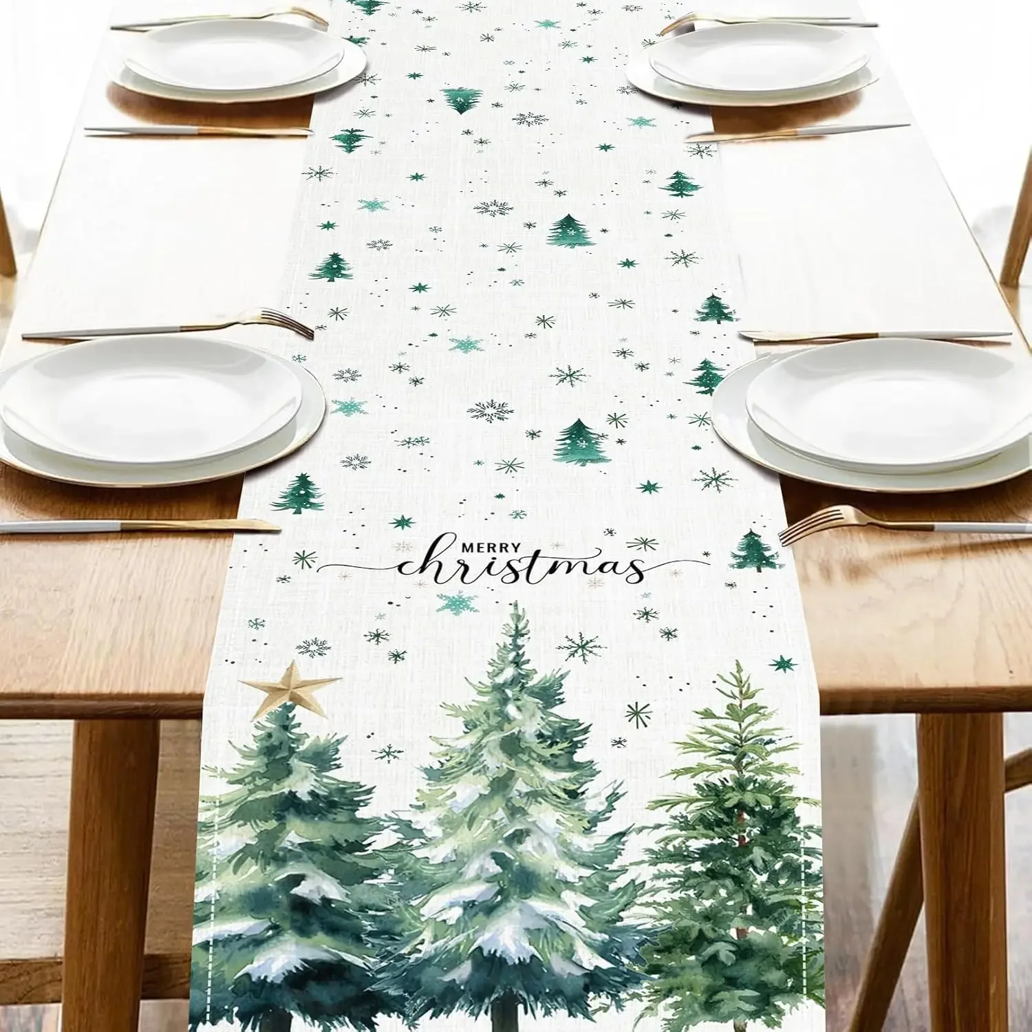 Merry Christmas Xmas Trees Linen Table Runner Party Decor Winter Snowflakes Kitchen Dining Table Runners Christmas Decorations