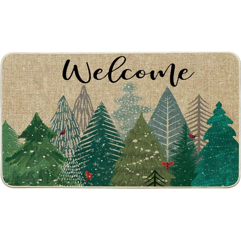 Christmas doormat pine tree snow forest entrance indoor and outdoor decoration suitable for home courtyard floor mat 61X90cm