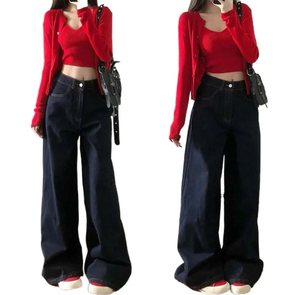 Loose Deep Blue Wide Leg Jeans Straight Wide Leg Streetwear Straight Denim Trousers Korean Ins Deep Blue Women Cowboy Pants