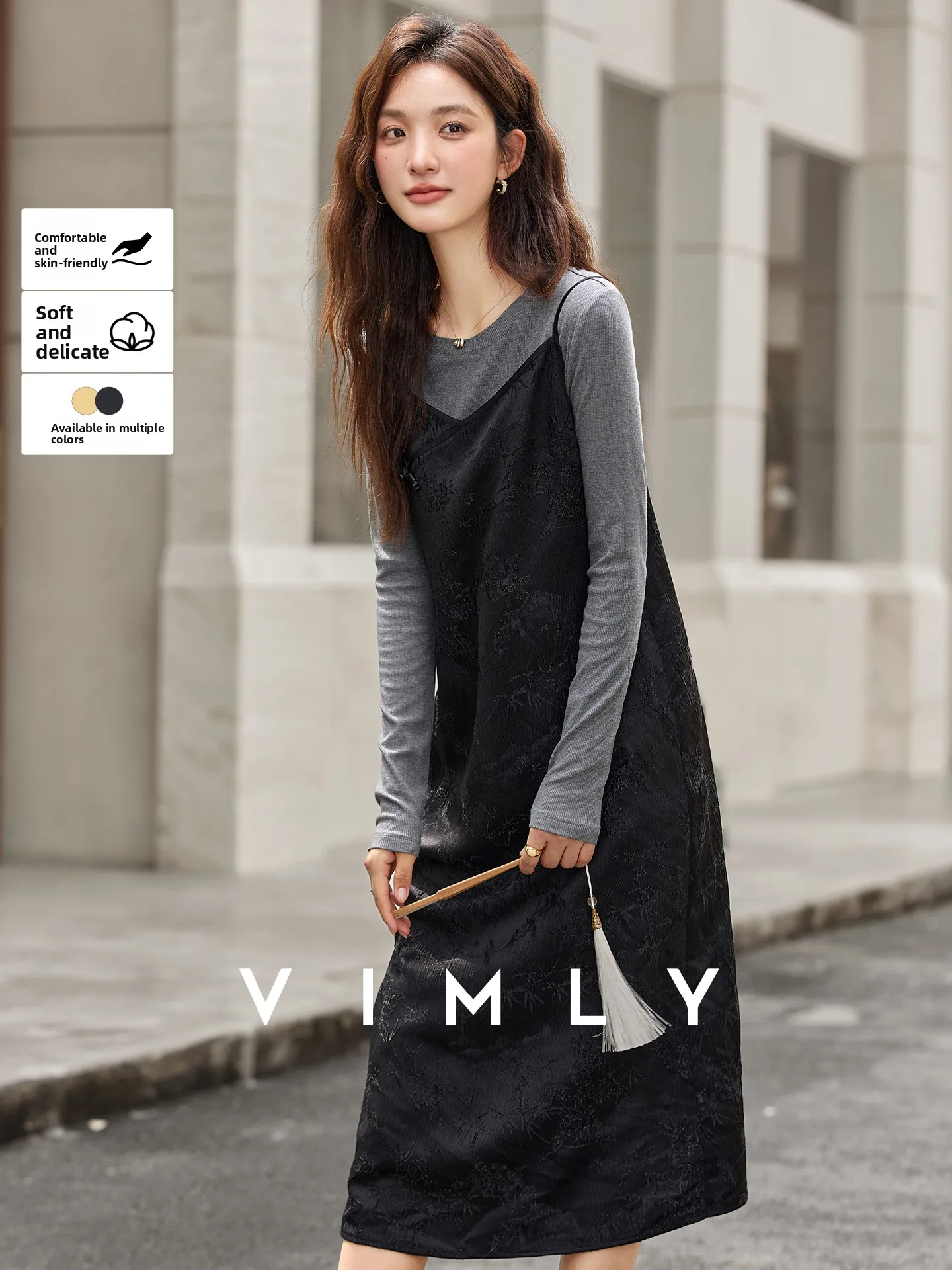 

New Chinese Style Black Grey Women's Knitted Dress Set Floral Embroidery Long Sleeve round Neck Two-Piece Suit Casual Fashion