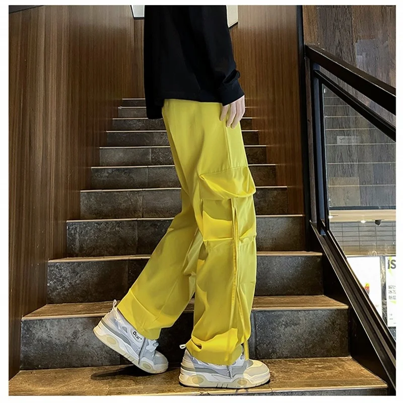 New Men's Pants Ribbons Hip Hop Streetwear Big Pocket Drawstring Yellow Black Draped Loose Long Straight Young Trousers Man