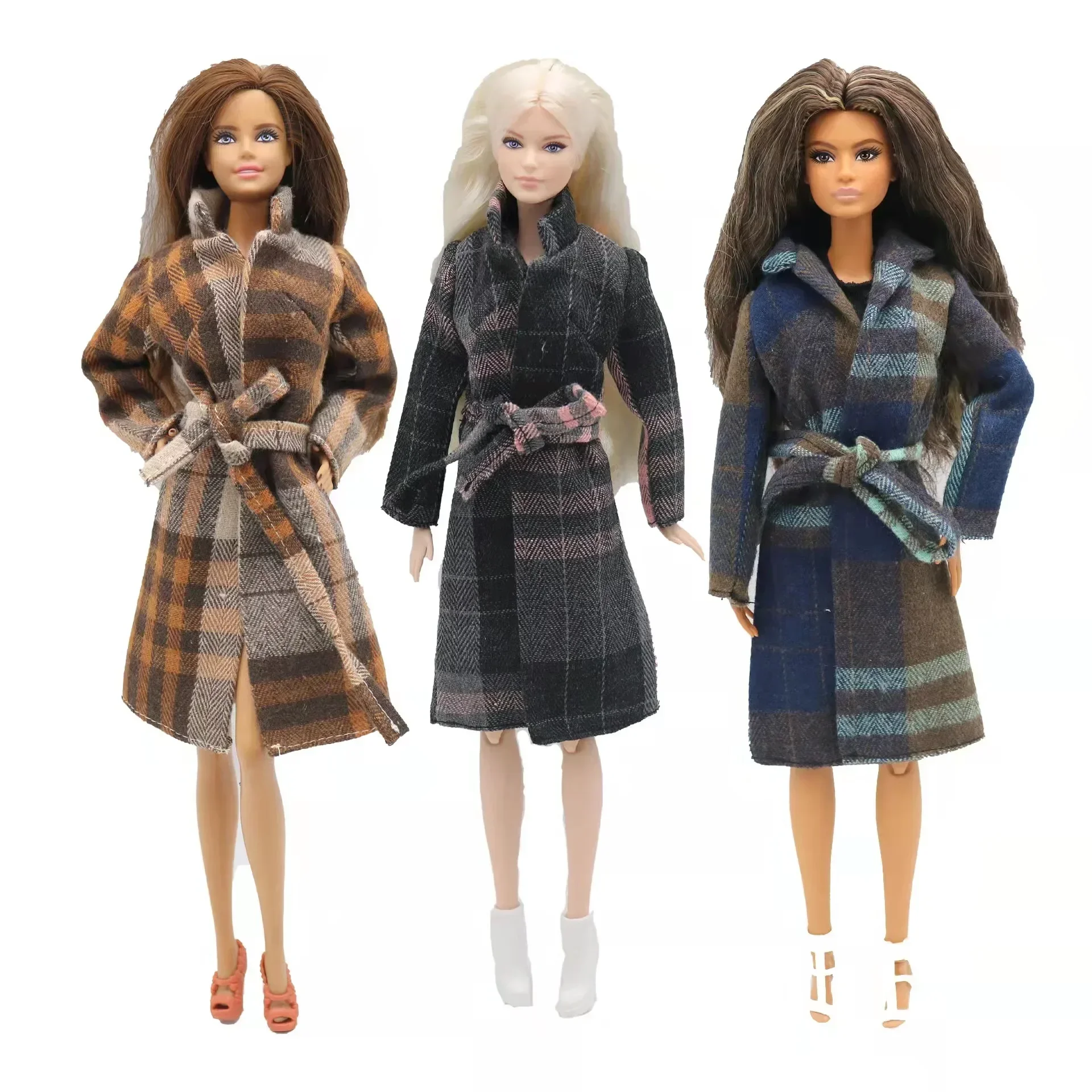 Plaid Parka Long Coat 1/6 BJD Doll Clothes for Barbie Doll Outfits Winter Jacket for Barbie Clothes 11.5