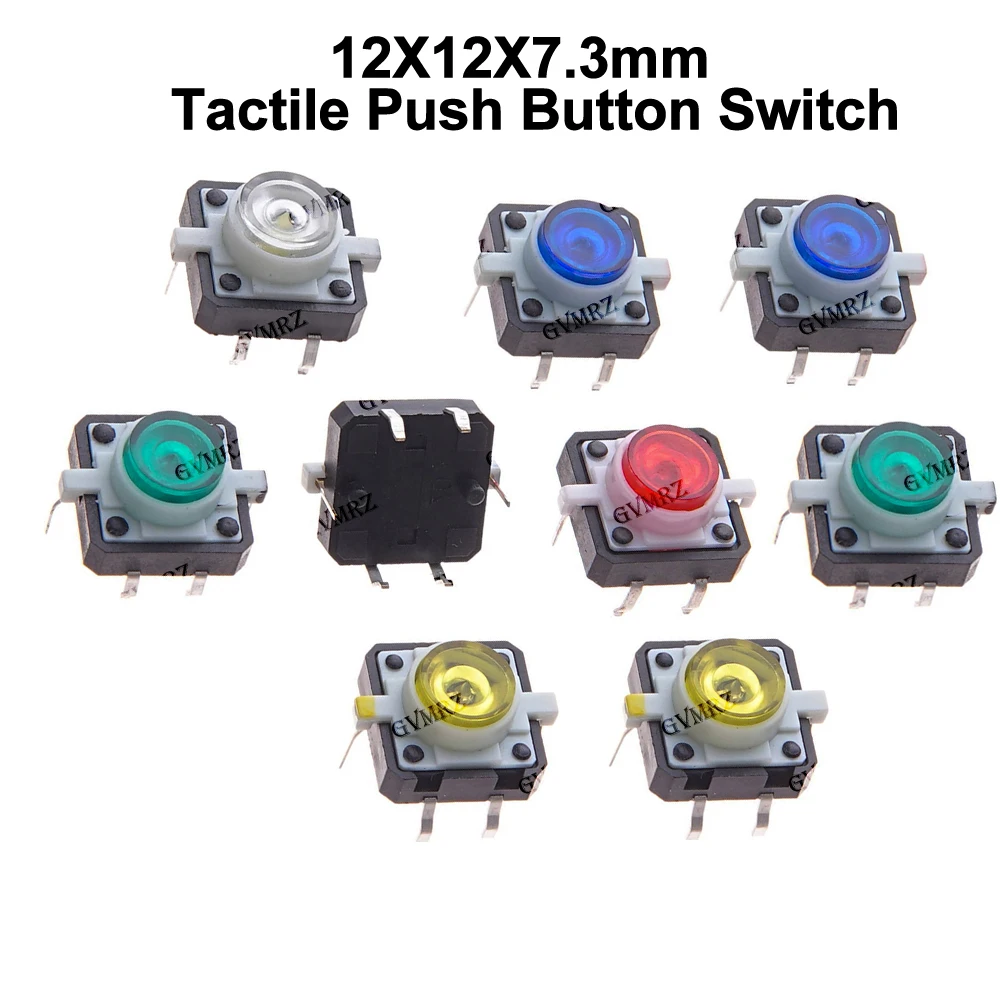 5PCS 12*12*7.3mm White Yellow Tactile Push Button Switch Momentary Tact LED 5 Color 12X12X7.3mm 12X12X7.3 Red Blue Green