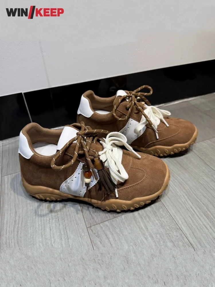 Women Mixed Color Lace Up Height Increase Jogging Sneakers Suede Split Leather Breathable Female Sport Shoes Running Trainers