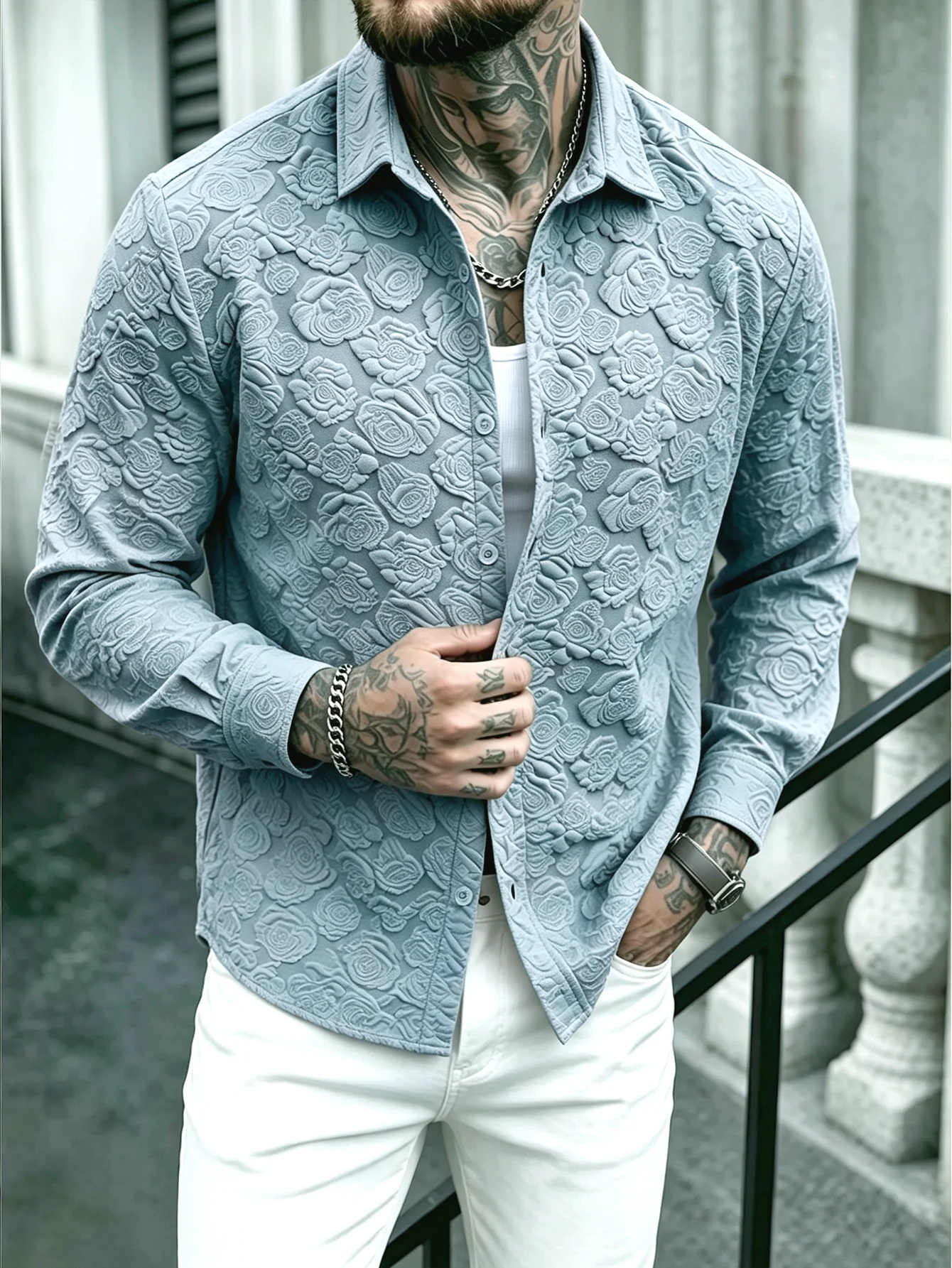 Men's 3D Rose Embossed Long Sleeve Shirt Lapel Button Down Slim Fit Casual Shirts Fashion Streetwear Male Chemise Camisa Masculi