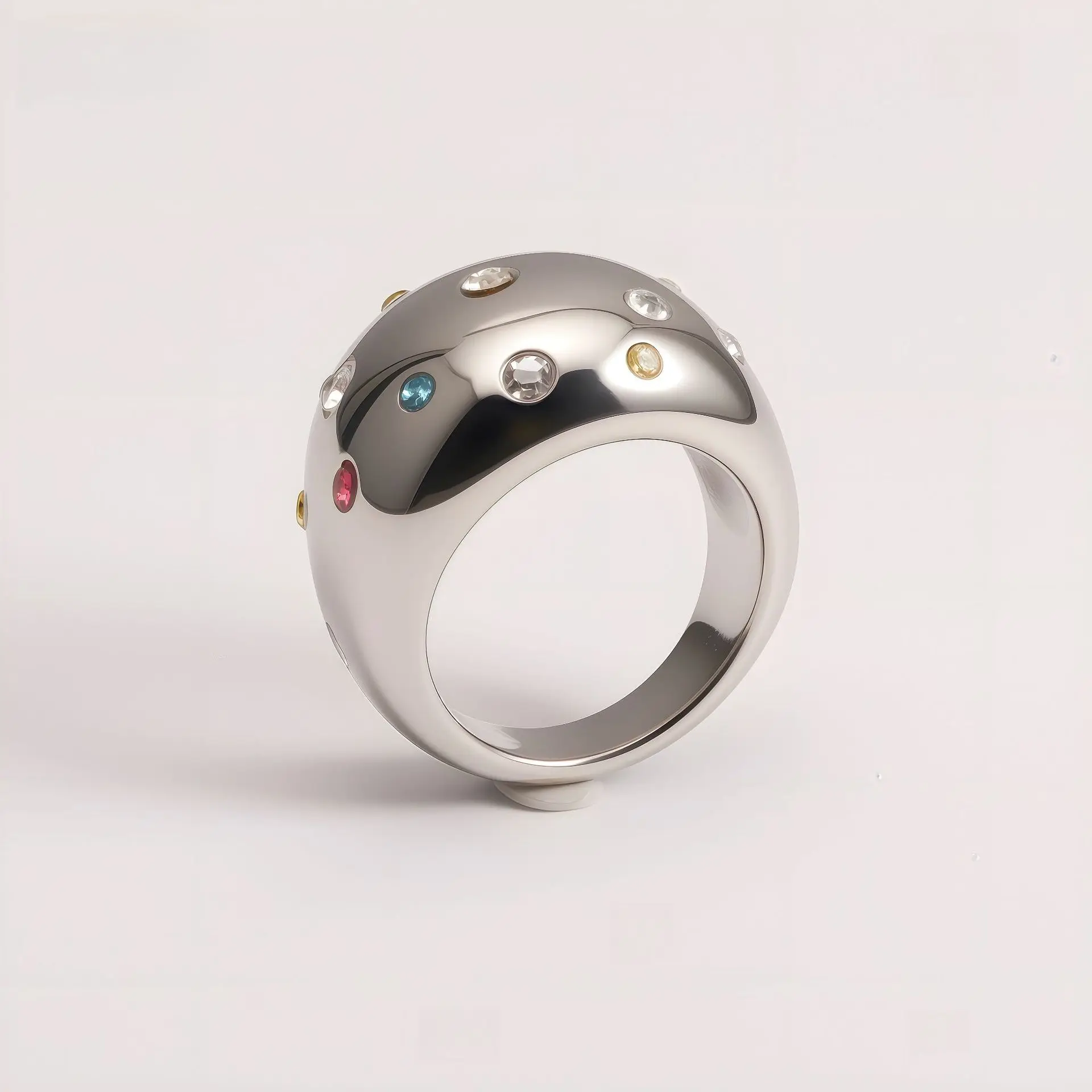 Vergoldeter 316L Edelstahlring mit mehrfarbigem Edelsteinbesatz, Vintage Bohemian Breitbandring – Detail 3