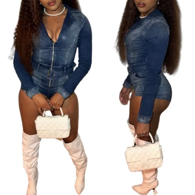 Denim Jumpsuit Women Eur America Spliced Zipper Blue Elastic Denim Strap Jumpsuit Mid Waist Shorts Long Sleeved Jeans Set New