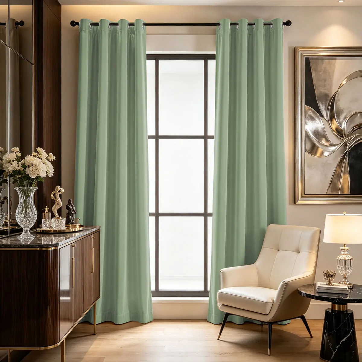 Sage Green Solid Velvet Grommet Curtains Set of 2, Blackout Window Drape, Soft Curtain For Bedroom Living Room