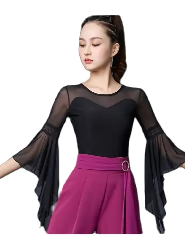 1pcs/lot woman ballroom latin dancing top lady solid black patchwork modern dancing top