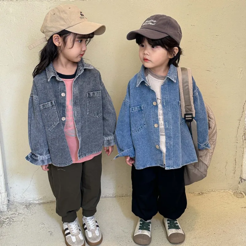 

Autumn sibling vintage denim jackets Boys lapel collar loose coats Girls all-match casual shirts