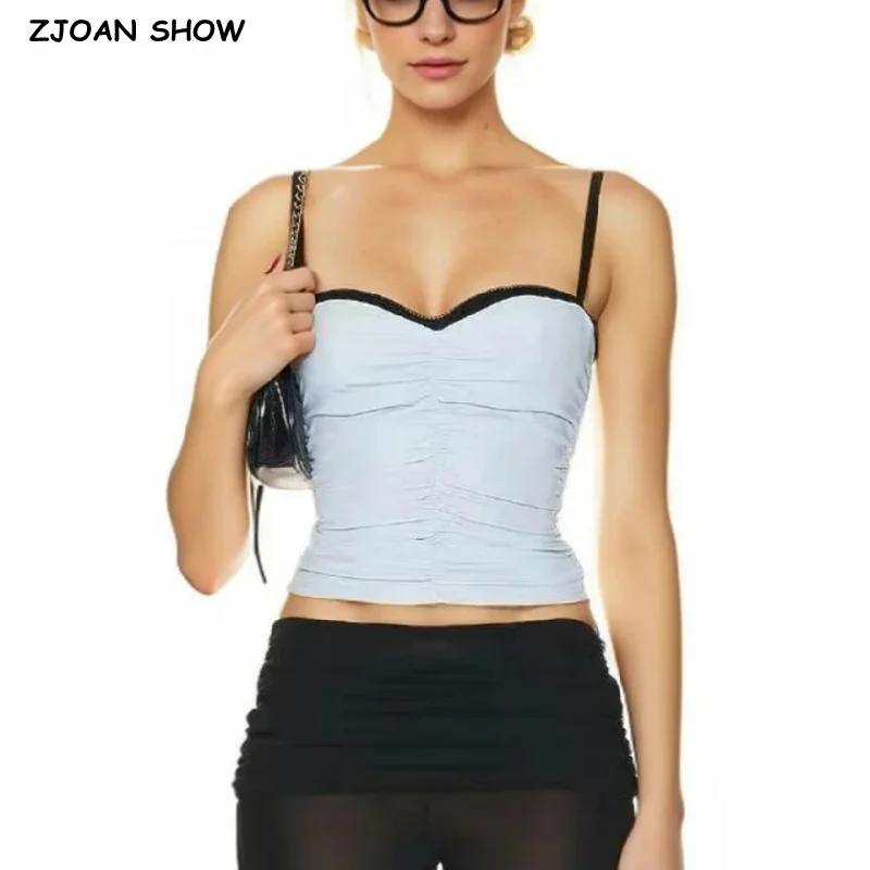 2024 Summer Contrast Color Strap Camis With Pad Bra Sexy Women Ruched Tank Tops Crop Top