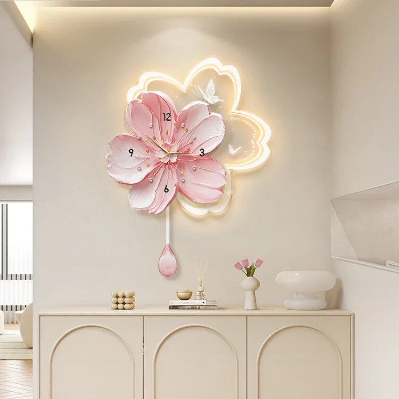 Home Decor Cream Style Decorative Painting with LED Lights Wall Clock Living Room Decoration Premium Luminous Mural Wall Clock