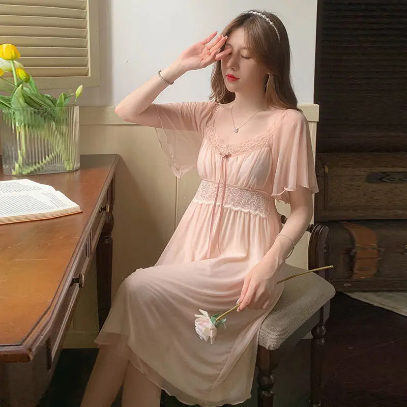 Nightgown Women V-neck Sexy Simple Sweet Casual Lace Patchwork Home Breathable Soft Design Korean Style Sleepwear Summer Fashion