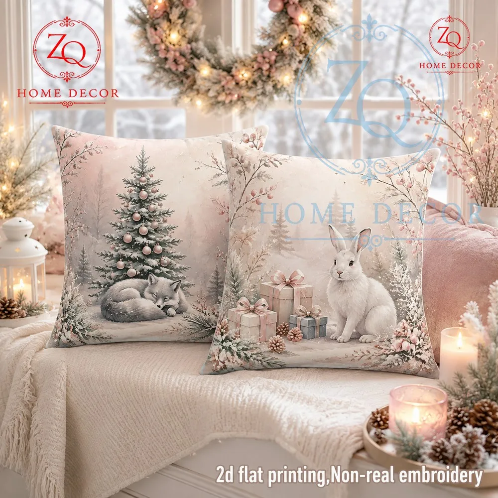 Christmas pillowcase with a wintery mosphere feures pink snow scene paired with sleeping silver fox  soothing white rabbit