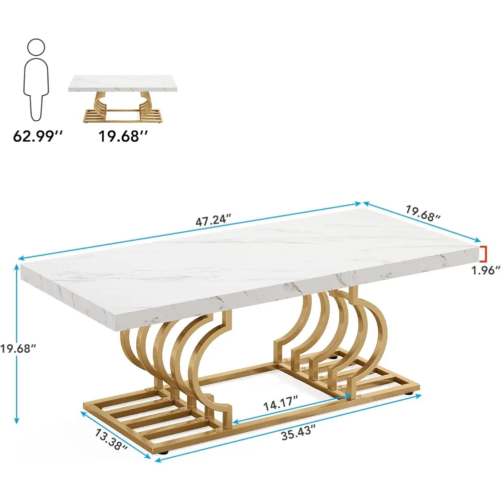 Modern Coffee Table, 47 Inch Faux Marble Cocktail Table with Geometric Frame, Rectangular Center Table Tea Table Accent Furnitu