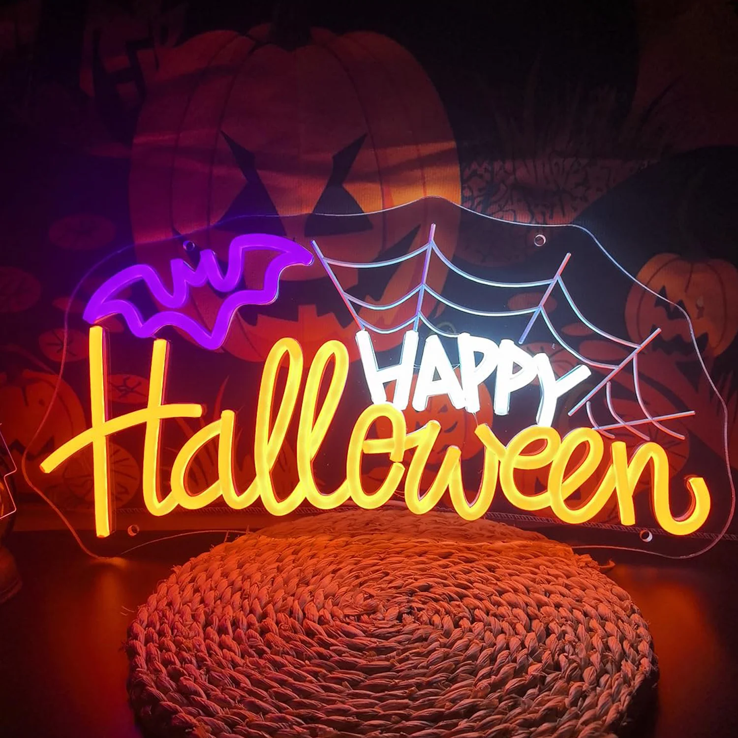 Happy Halloween Spider Web Neon Sign USB Powered Led Light Sign Wall Decor voor Window Home Bar Party Spooky Haunted Mansion Deco