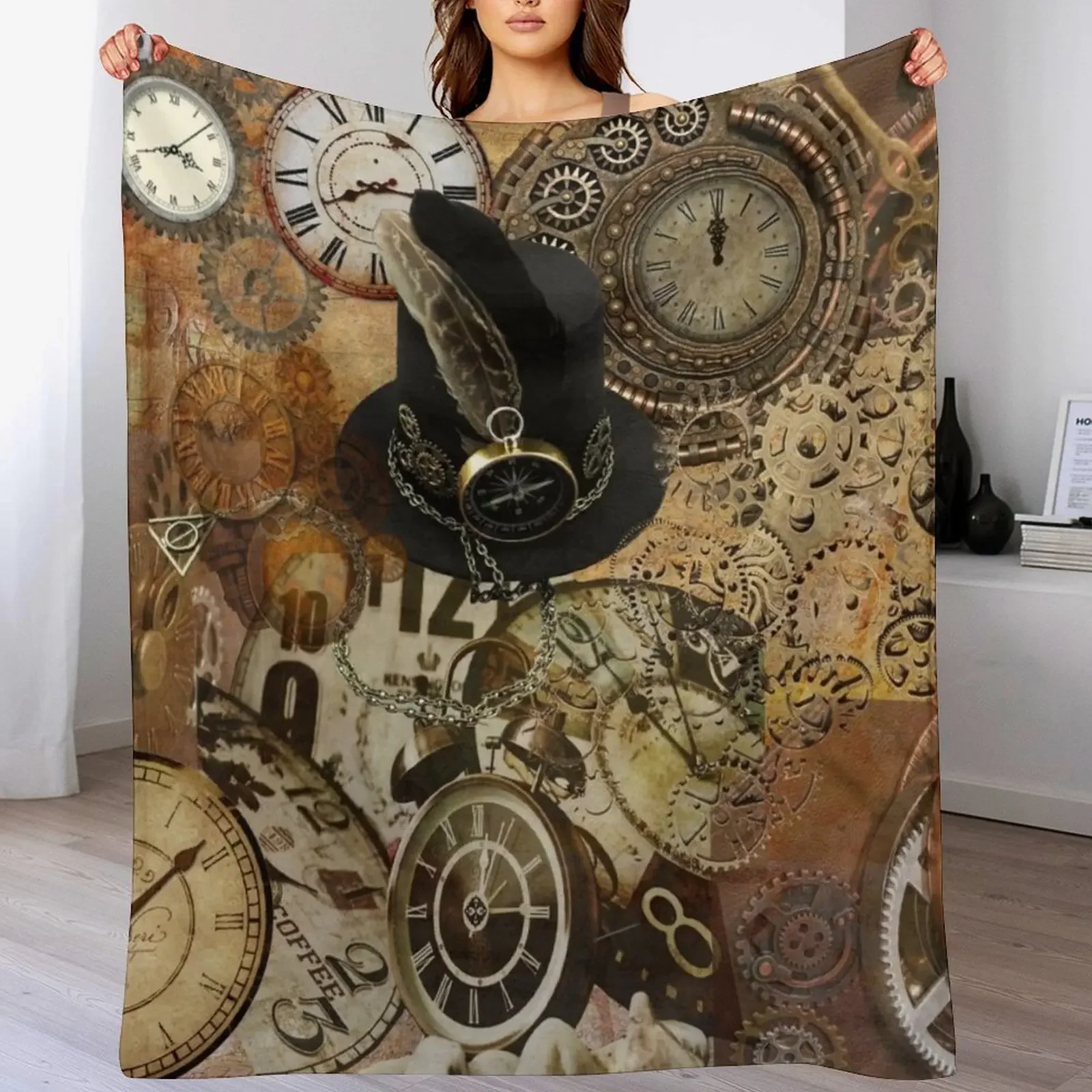 Time and Motion Steampunk Digital Collage Throw Blanket Warm Comfortable Blanket for Office Napping