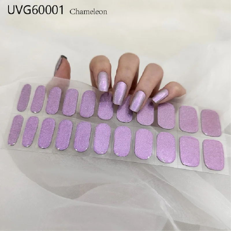 22Tips Purple Semi Cured Gel Nail Stickers UV/LED Baking Lamp Gel Nail Polish Wraps Glitter Chameleon Full Cover Gel Sticker