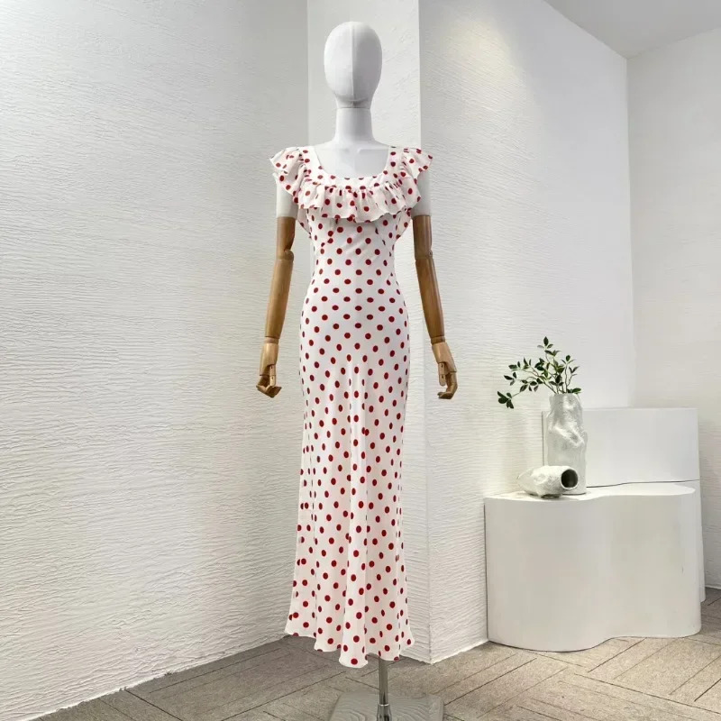 Classic 2025 New Women's White Red Dot Print Sleeveless High Quality Ruffles Holiday Spring Summer Midi Dresses