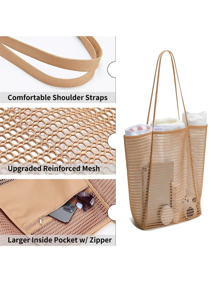 Foldable beach bag with mesh design, large capacity, hand-held, high appearance quality, single shoulder bag, suitable for summe