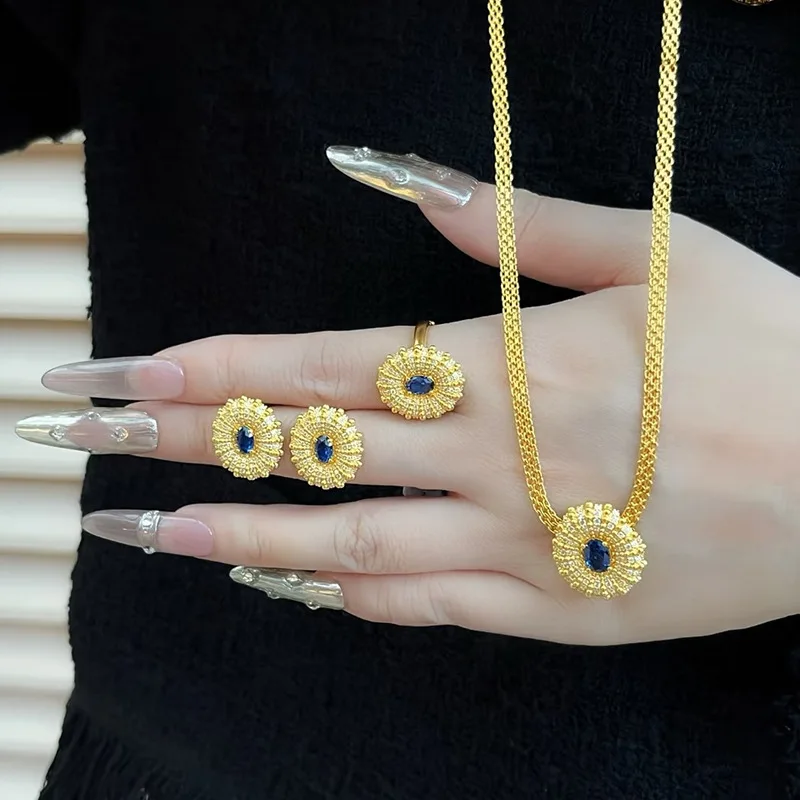 Luxury Set Micro-set Blue Diamond Sunflower Necklace Stud Earrings Ring For Women 24K Gold AU999 | Matching set, full of aura