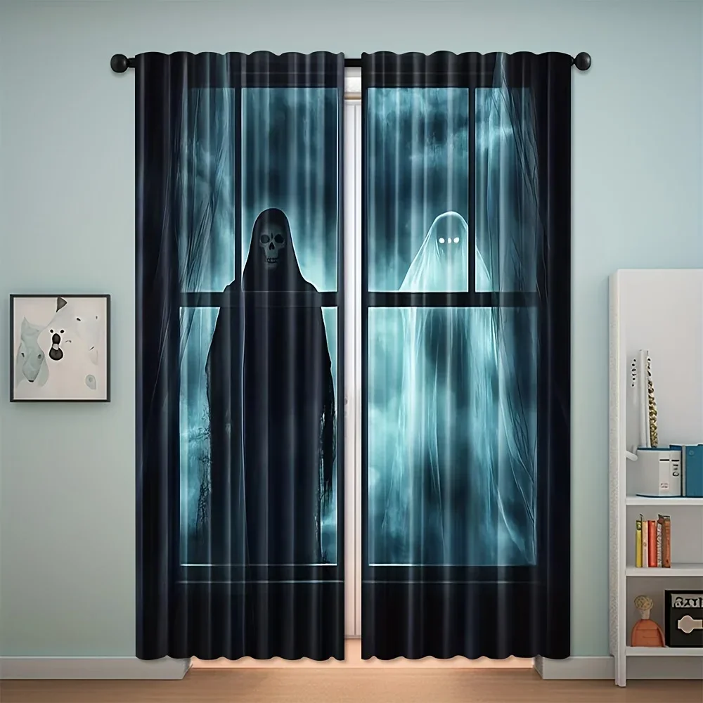 Spooky Ghost Couple Halloween Curtain Black Blue Haunted House Window Drapes Gothic Scary Home Decor