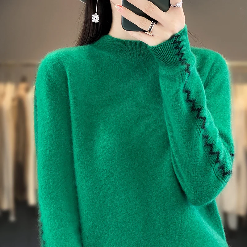 2023 Autumn Winter New 100% Merino Wool Women Half High Collar Sweater Knitted Pullover Long Sleeve Casual Top Clothes M-8138