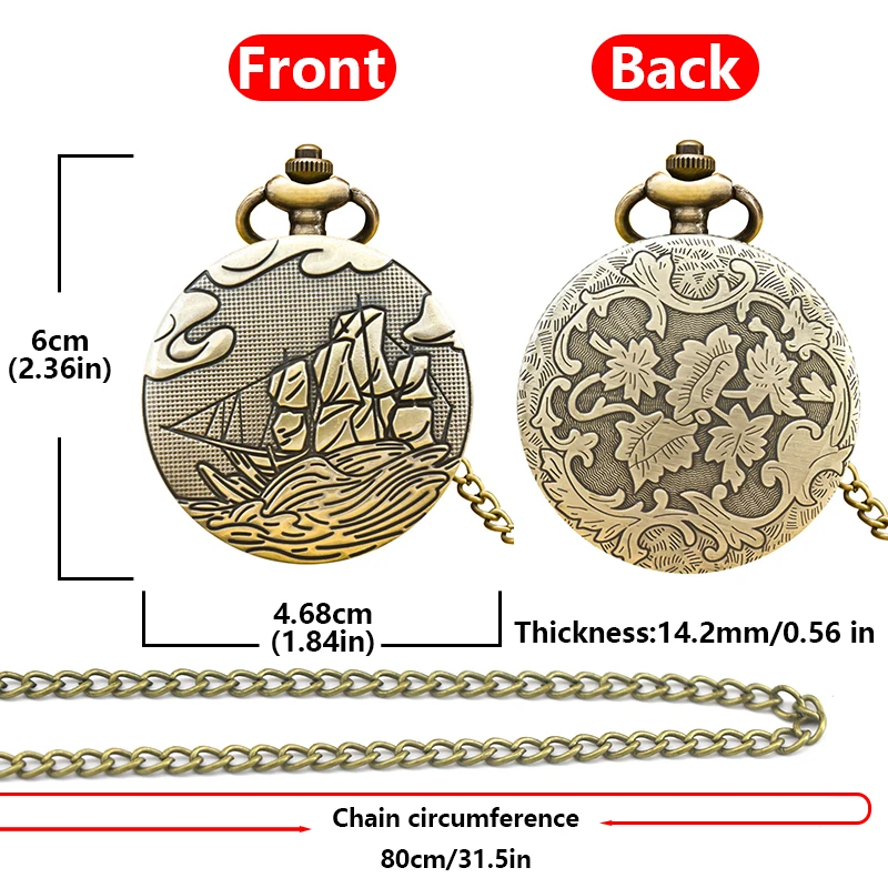 Vintage Bronze Steampunk Stick Figure Sail Carved Quartz Pocket Watch Necklace Pendant Clock Chain Men Women Chain Gift