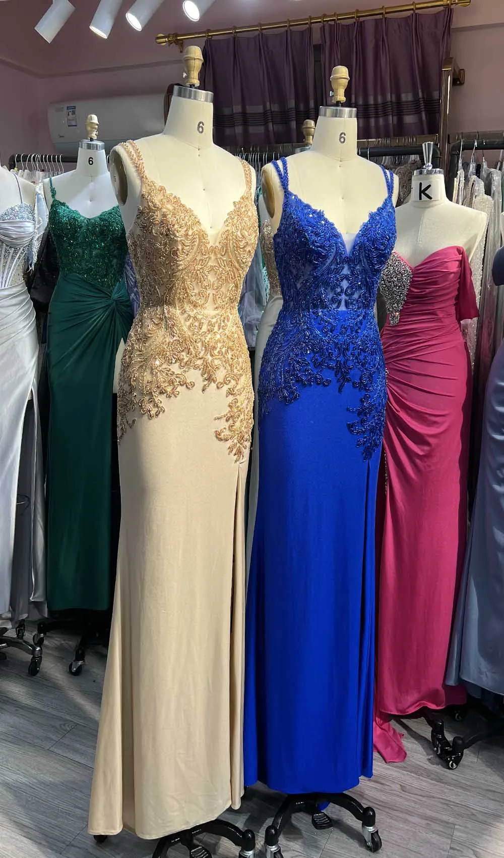 YQLNNE Gold Champagne Long Slit Prom Dresses Mermaid Spaghetti Stretch Satin Embroidery Beading Women Formal Maxi Dress