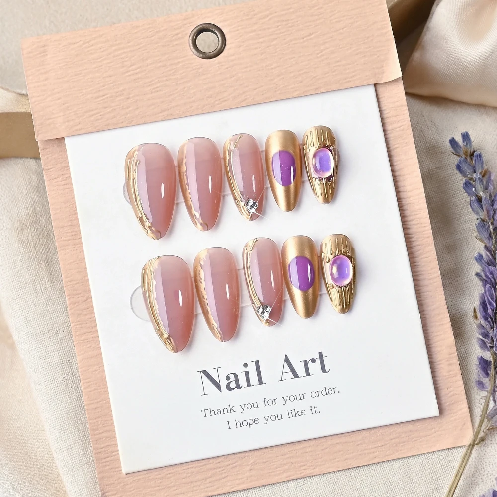 Faux ongles à pression en métal plaqué or, 24 pièces, strass scintillants, amande moyenne, lignes irrégulières brillantes 3D