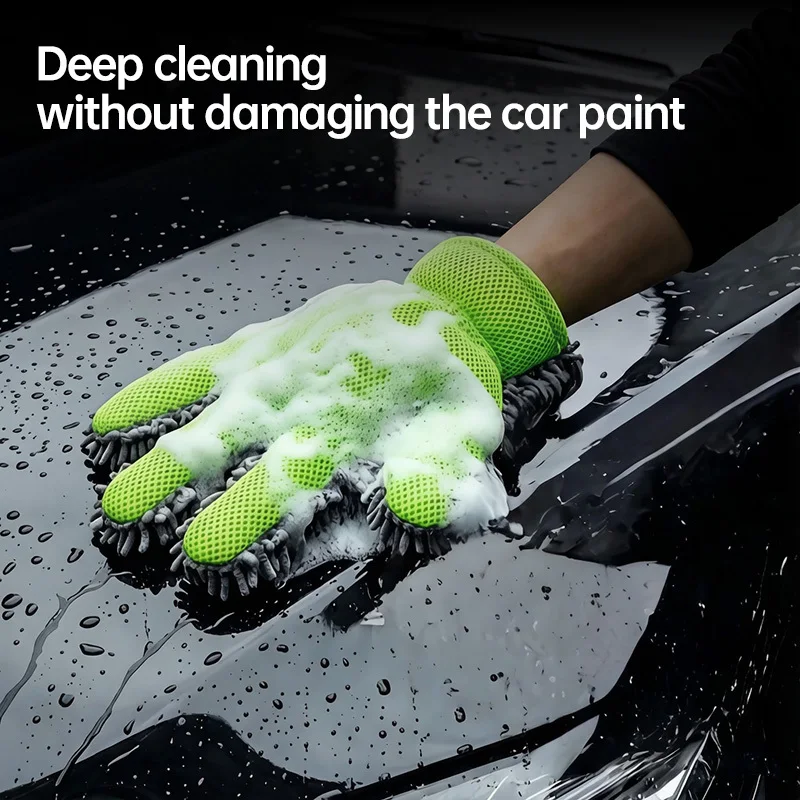2/1 piece set of chenille five-finger car washing gloves, suitable for multiple uses, double-sided for wiping and dusting without damaging car paint, cleans wheel hubs with mesh for foaming, green, car washing gloves,