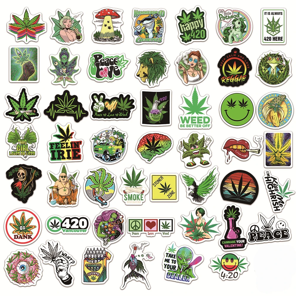 10/30/50/100PCS Funny Hemp Leaf Stickers Weed Smoking Cartoon Graffiti Waterproof Suitcase Luggage Guitar Skateboard Decals Toy