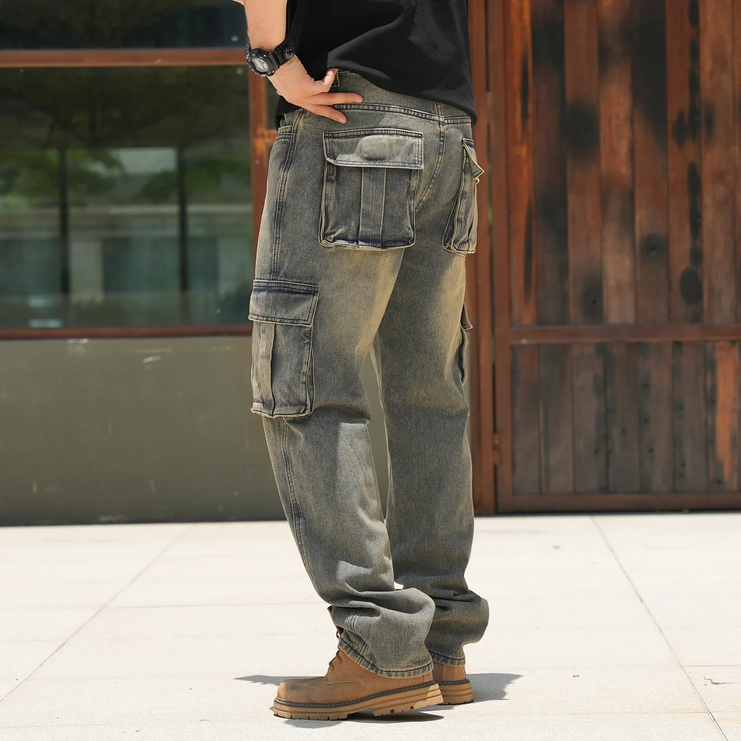 European American Vintage New Fashion Men's Multi Pockets Casual Trendy Loose Wide Leg Straight Denim Trousers Male Jeans Pants