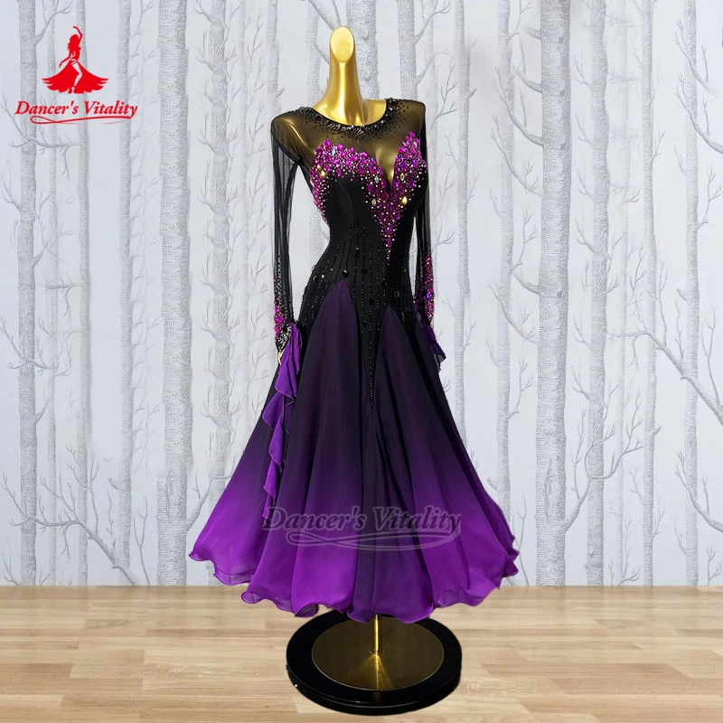 

Ballroom Mesh Splicing Gradient Color Perform&Contest Dancing Wear Customized Dancer's Vitality Foxtrot Waltz Round Collar Dress
