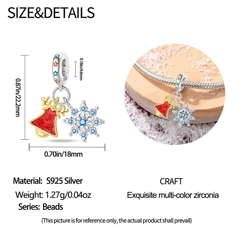 Symbole 2025 Koraliki Nowy Rok 925 Srebro Złoto Czerwony Jeleń Dzwon Niebieski Niebieski Cyrkonia Płatek Śniegu Uroki Biżuteria Damska Prezent DIY