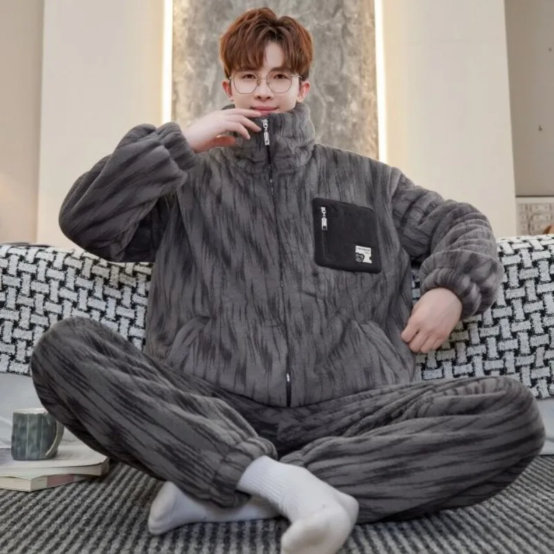 Men's Coral Fleece Underwear Fleece Thickened Men's Youth Can Wear Flannel Autumn and Winter Loungewear Suit Long Sleeve Pajamas